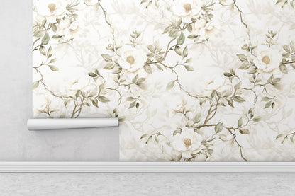 Removable Wallpaper, White Floral Flowers Design - Peel & Stick, Reusable, Self Adhesive, 26" Panels, Easy Install, Seamless