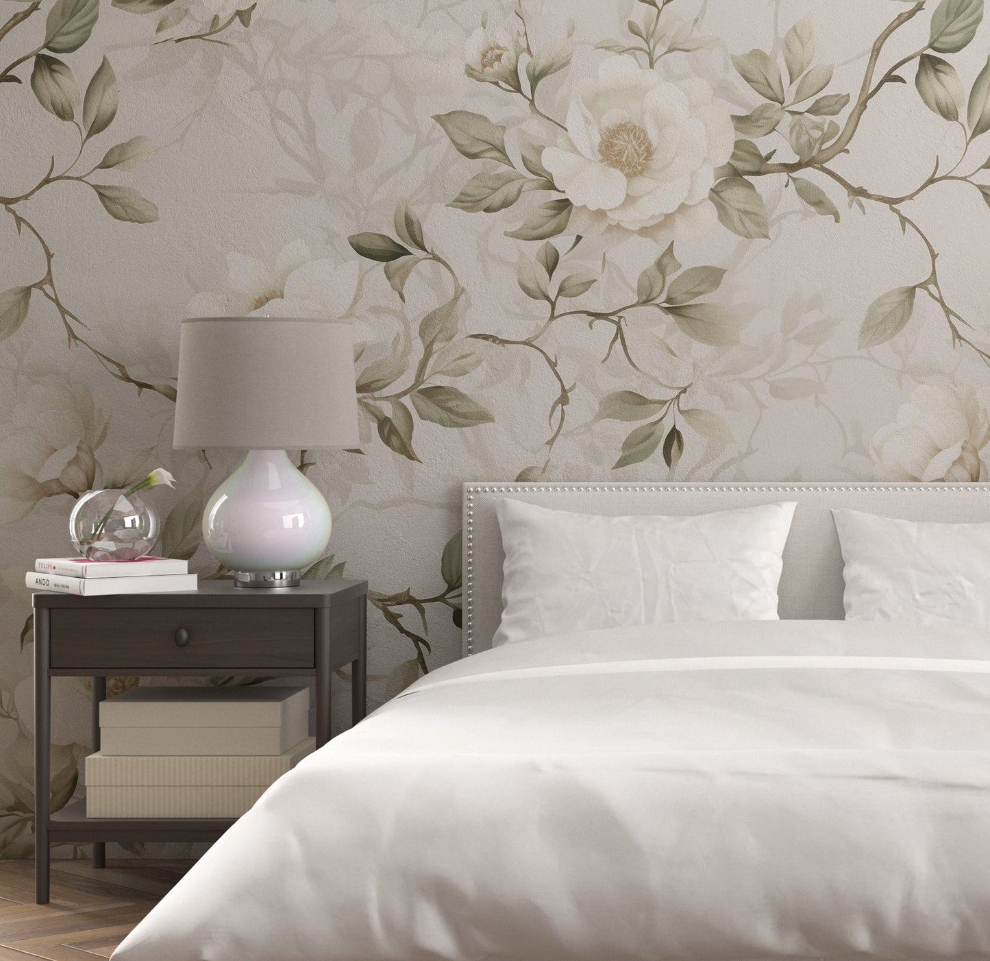 Removable Wallpaper, White Floral Flowers Design - Peel & Stick, Reusable, Self Adhesive, 26" Panels, Easy Install, Seamless