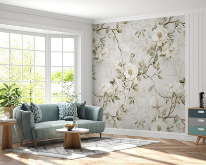 Removable Wallpaper, White Floral Flowers Design - Peel & Stick, Reusable, Self Adhesive, 26" Panels, Easy Install, Seamless