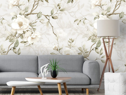 Removable Wallpaper, White Floral Flowers Design - Peel & Stick, Reusable, Self Adhesive, 26" Panels, Easy Install, Seamless