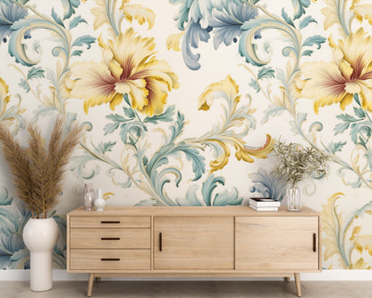 Removable Wallpaper, Yellow and Green Floral - Peel & Stick, Reusable, Self Adhesive, 26" Panels, Easy Install, Seamless