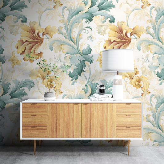 Removable Wallpaper, Green and Yellow Floral - Peel & Stick, Reusable, Self Adhesive, 26" Panels, Easy Install, Seamless