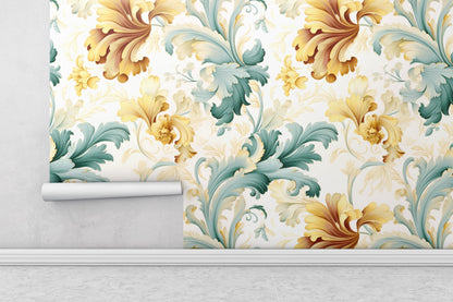 Removable Wallpaper, Green and Yellow Floral - Peel & Stick, Reusable, Self Adhesive, 26" Panels, Easy Install, Seamless