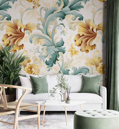 Removable Wallpaper, Green and Yellow Floral - Peel & Stick, Reusable, Self Adhesive, 26" Panels, Easy Install, Seamless