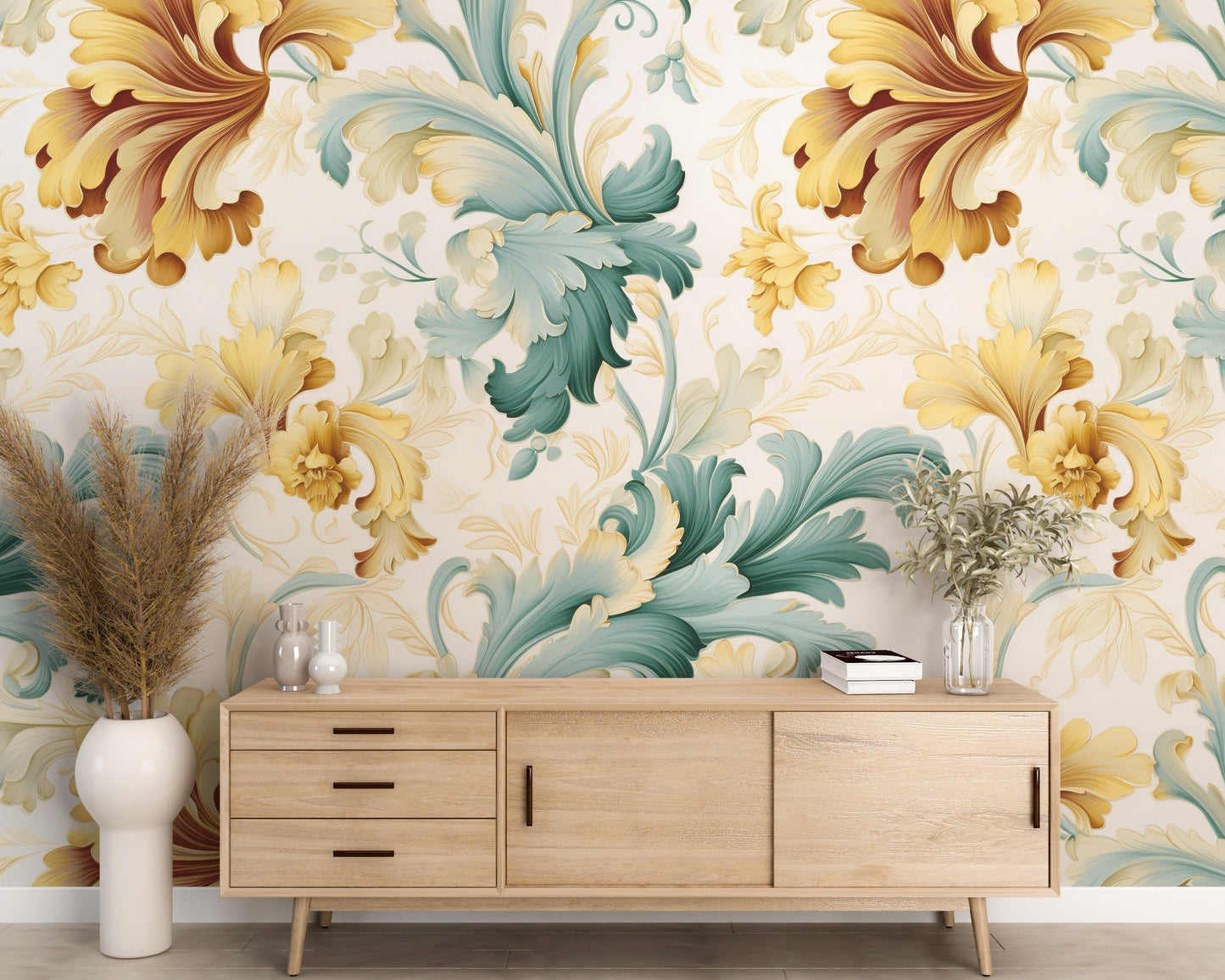 Removable Wallpaper, Green and Yellow Floral - Peel & Stick, Reusable, Self Adhesive, 26" Panels, Easy Install, Seamless