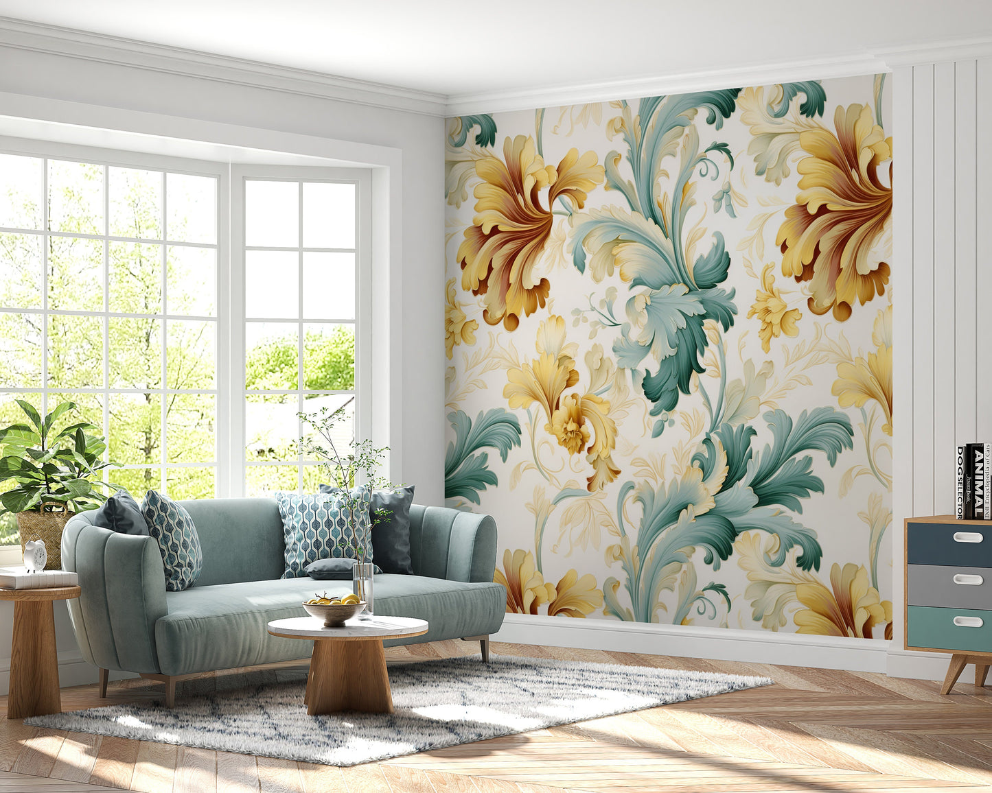 Removable Wallpaper, Green and Yellow Floral - Peel & Stick, Reusable, Self Adhesive, 26" Panels, Easy Install, Seamless