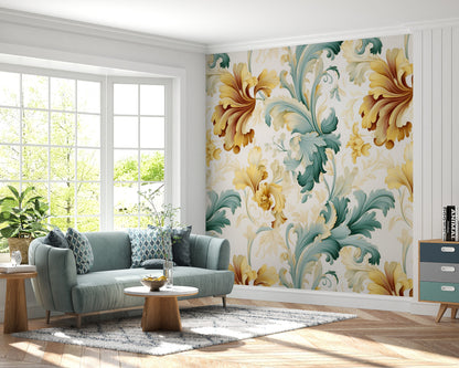 Removable Wallpaper, Green and Yellow Floral - Peel & Stick, Reusable, Self Adhesive, 26" Panels, Easy Install, Seamless