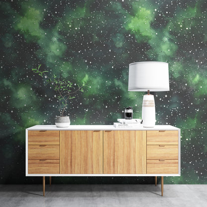 Removable Wallpaper, Black and Green Galaxy Design - Peel & Stick, Reusable, Self Adhesive, 26" Panels, Easy Install, Seamless