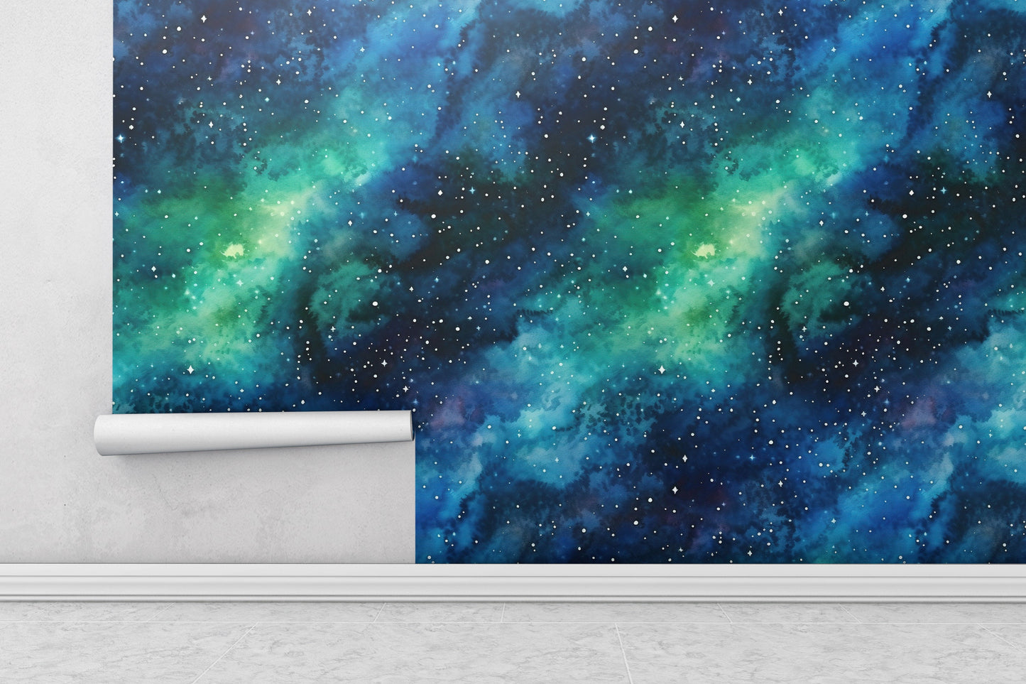 Removable Wallpaper, Blue and Green Galaxy Design - Peel & Stick, Reusable, Self Adhesive, 26" Panels, Easy Install, Seamless