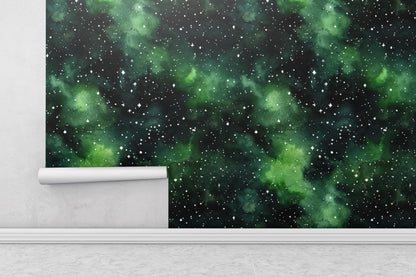 Removable Wallpaper, Black and Green Galaxy Design - Peel & Stick, Reusable, Self Adhesive, 26" Panels, Easy Install, Seamless