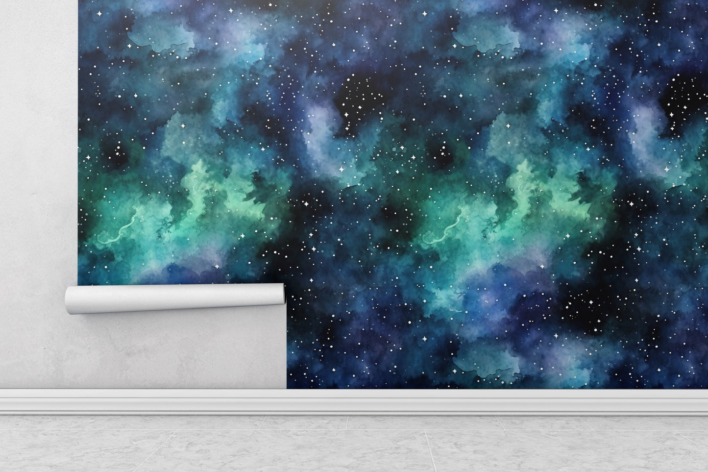 Removable Wallpaper, Green and Blue Galaxy Sky Design - Peel & Stick, Reusable, Self Adhesive, 26" Panels, Easy Install, Seamless Home Decor