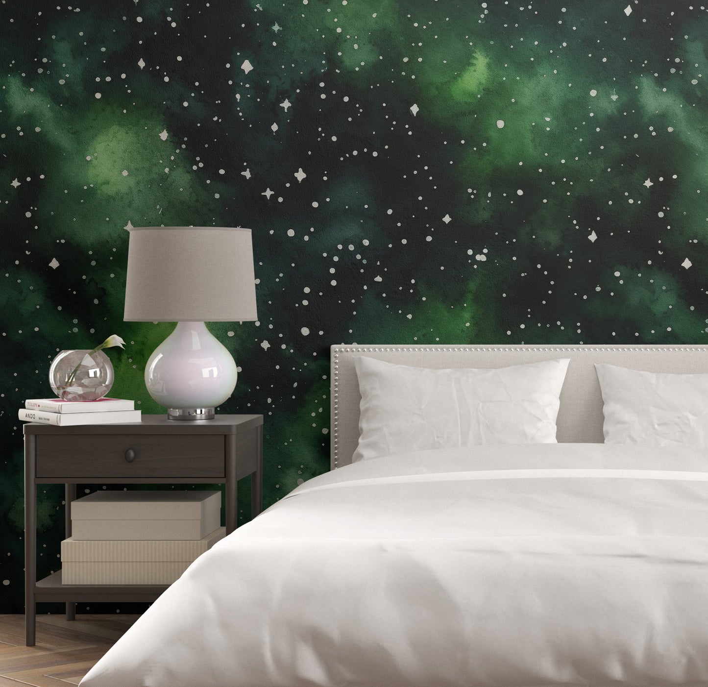 Removable Wallpaper, Black and Green Galaxy Design - Peel & Stick, Reusable, Self Adhesive, 26" Panels, Easy Install, Seamless