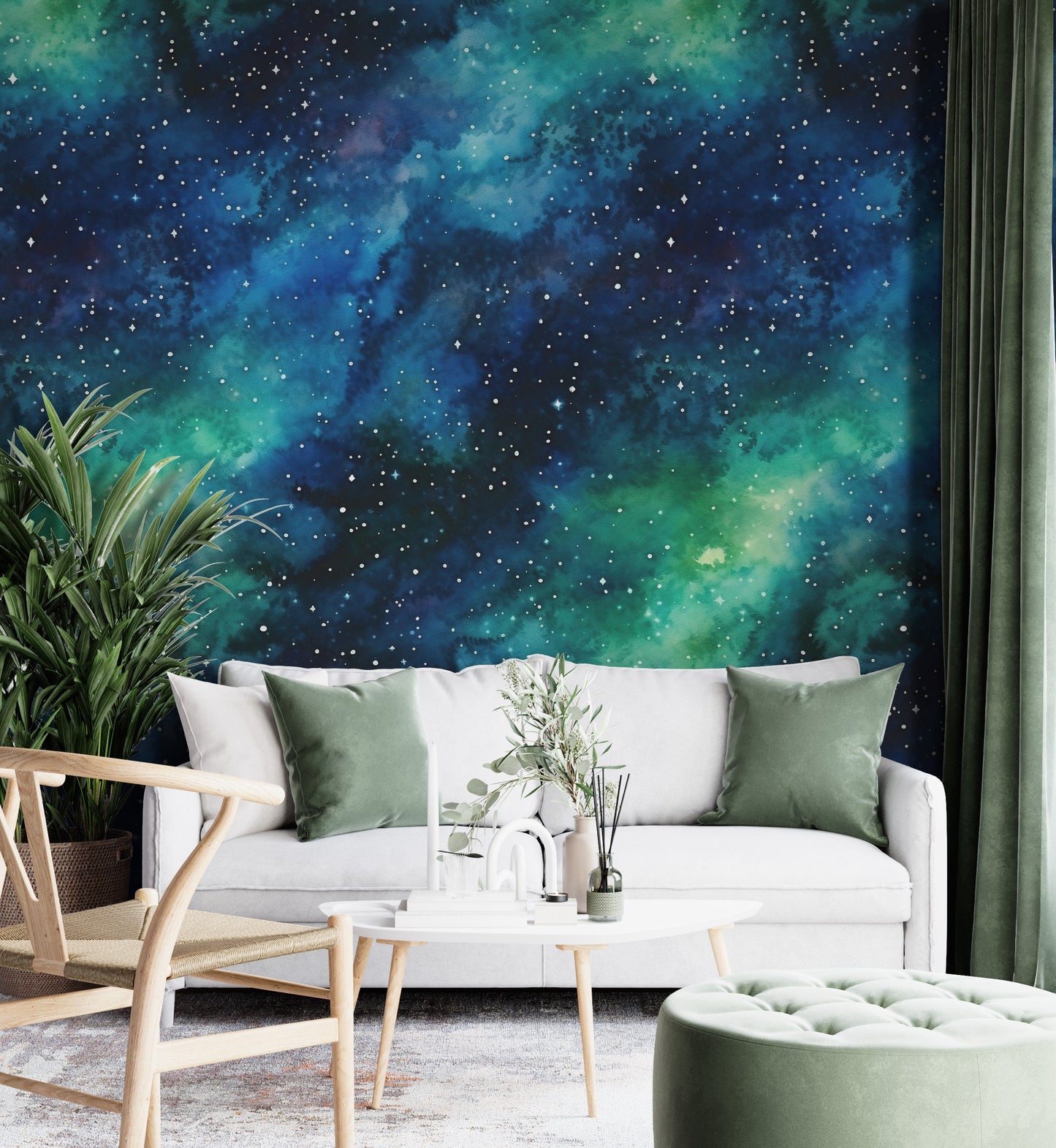 Removable Wallpaper, Blue and Green Galaxy Design - Peel & Stick, Reusable, Self Adhesive, 26" Panels, Easy Install, Seamless