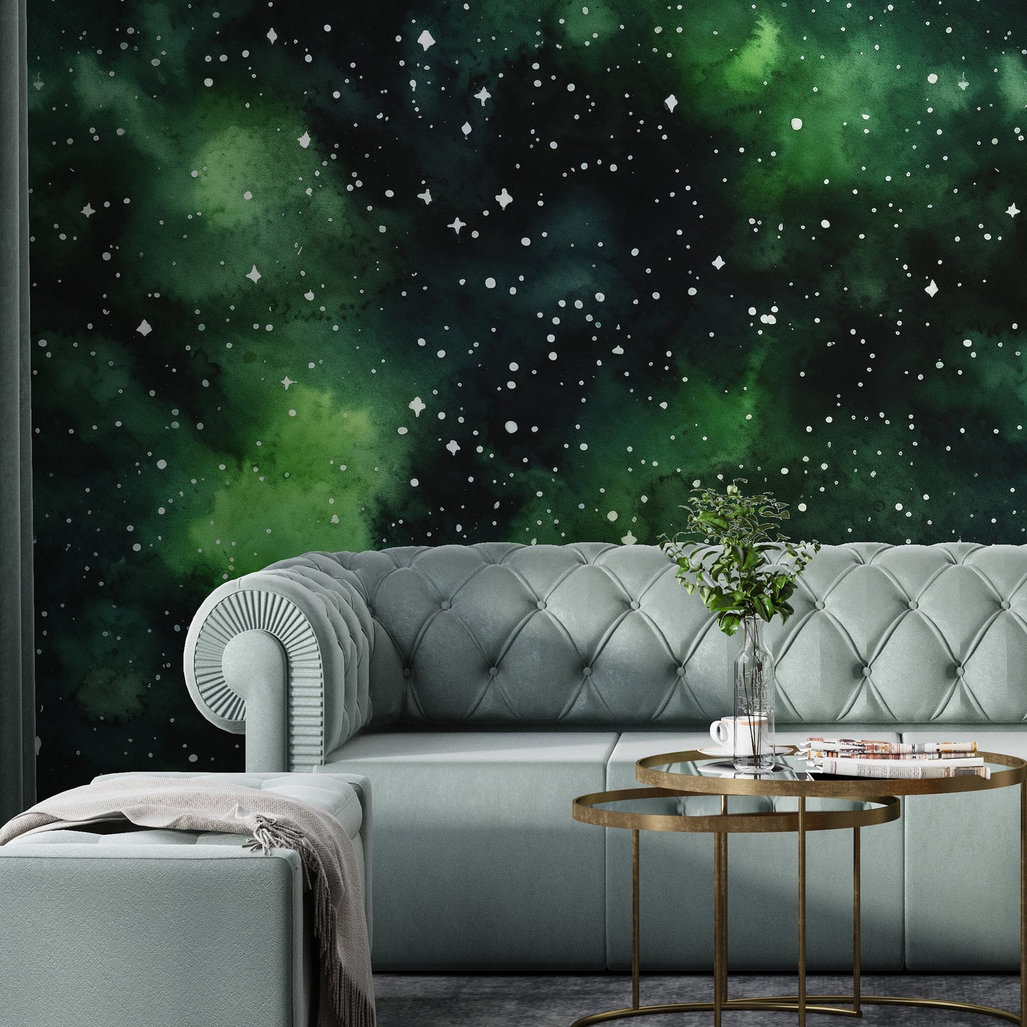 Removable Wallpaper, Black and Green Galaxy Design - Peel & Stick, Reusable, Self Adhesive, 26" Panels, Easy Install, Seamless