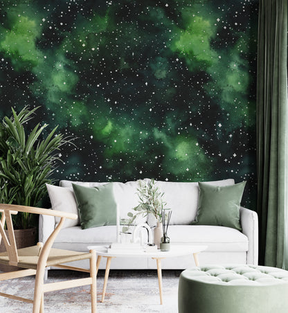 Removable Wallpaper, Black and Green Galaxy Design - Peel & Stick, Reusable, Self Adhesive, 26" Panels, Easy Install, Seamless