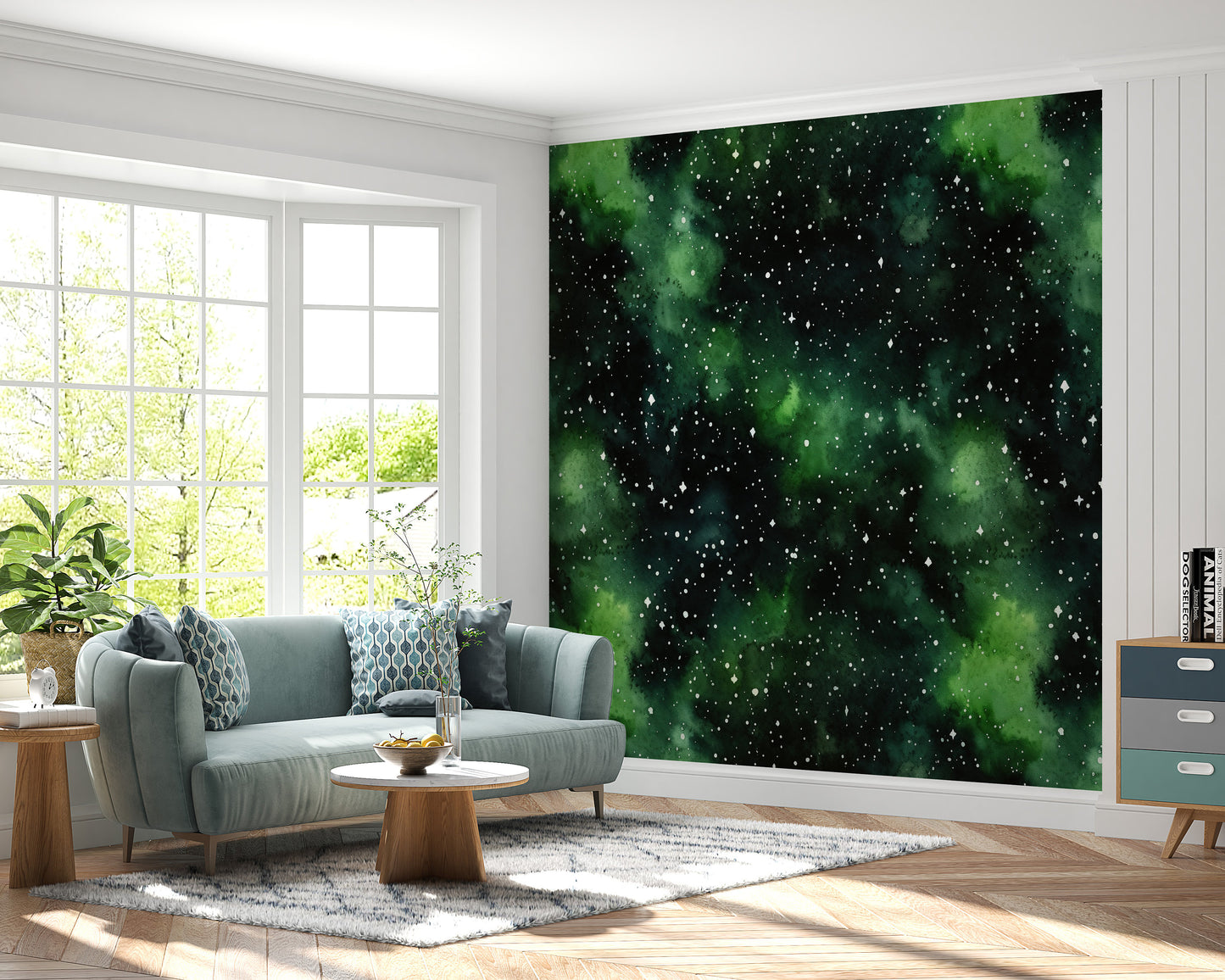 Removable Wallpaper, Black and Green Galaxy Design - Peel & Stick, Reusable, Self Adhesive, 26" Panels, Easy Install, Seamless