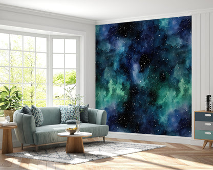 Removable Wallpaper, Green and Blue Galaxy Sky Design - Peel & Stick, Reusable, Self Adhesive, 26" Panels, Easy Install, Seamless Home Decor