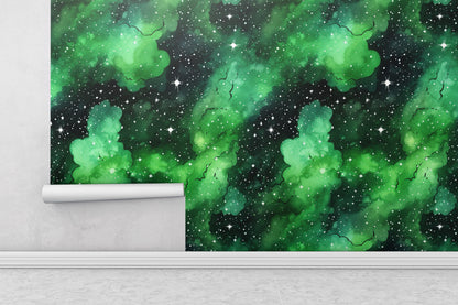 Removable Wallpaper, Green and Black Galaxy Design - Peel & Stick, Reusable, Self Adhesive, 26" Panels, Easy Install, Seamless