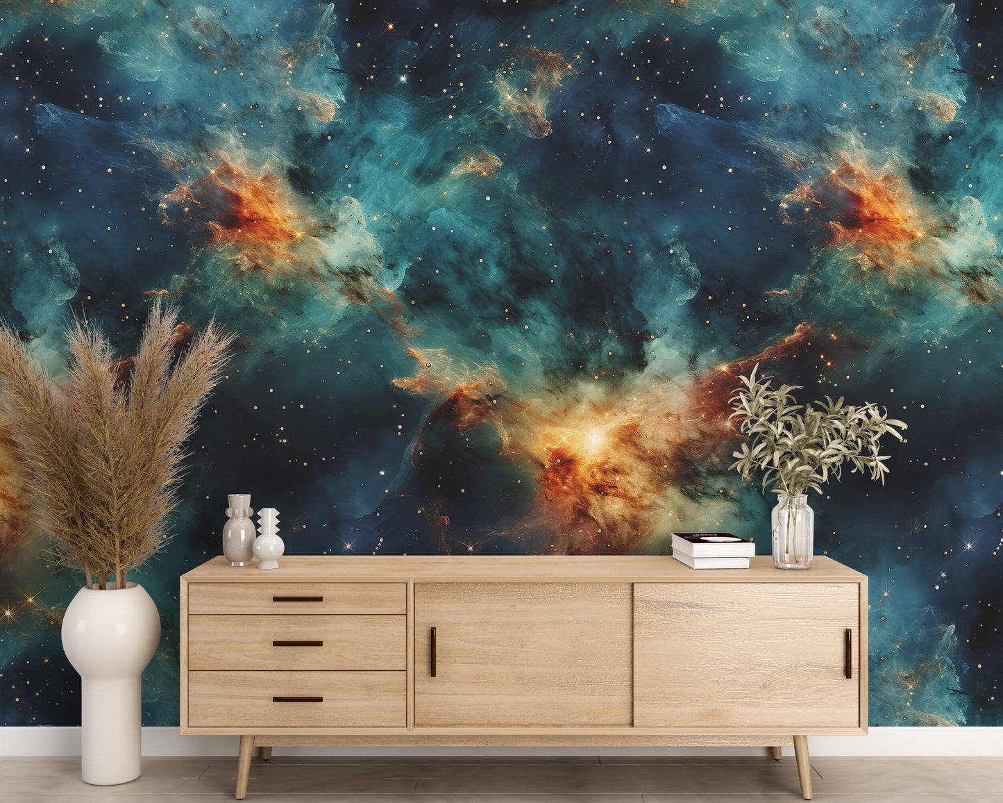 Removable Wallpaper, Orange and Blue Galaxy Design - Peel & Stick, Reusable, Self Adhesive, 26" Panels, Easy Install, Seamless