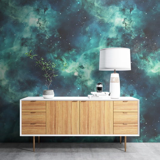 Removable Wallpaper, Green and Blue Beautiful Galaxy Design - Peel & Stick, Reusable, Self Adhesive, 26" Panels, Easy Install, Seamless