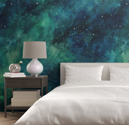 Removable Wallpaper, Blue and Green Beautiful Galaxy Design - Peel & Stick, Reusable, Self Adhesive, 26" Panels, Easy Install, Seamless