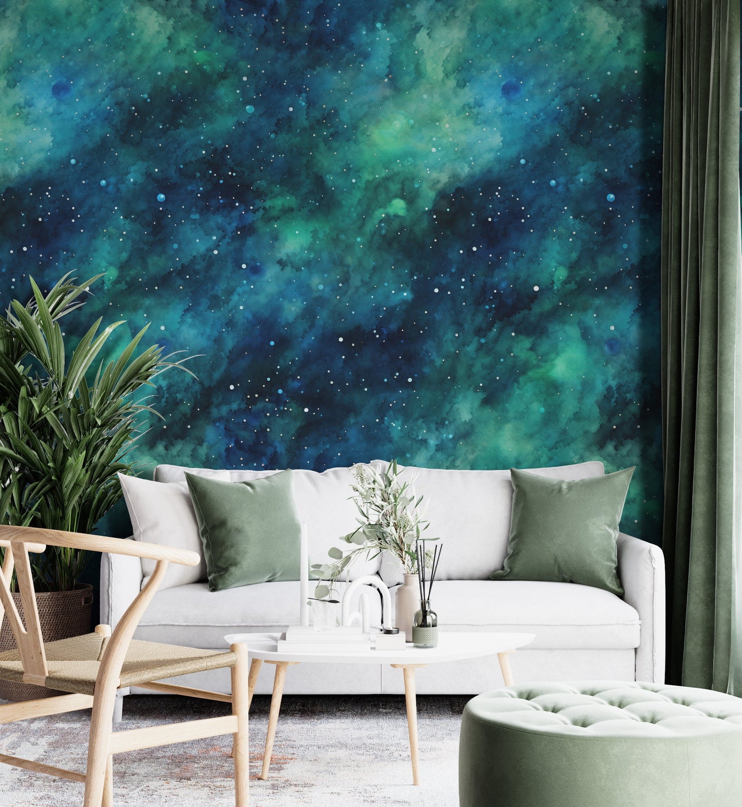 Removable Wallpaper, Blue and Green Beautiful Galaxy Design - Peel & Stick, Reusable, Self Adhesive, 26" Panels, Easy Install, Seamless