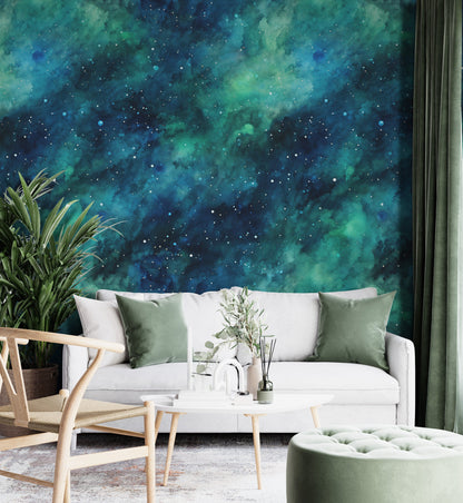 Removable Wallpaper, Blue and Green Beautiful Galaxy Design - Peel & Stick, Reusable, Self Adhesive, 26" Panels, Easy Install, Seamless