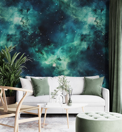 Removable Wallpaper, Green and Blue Beautiful Galaxy Design - Peel & Stick, Reusable, Self Adhesive, 26" Panels, Easy Install, Seamless