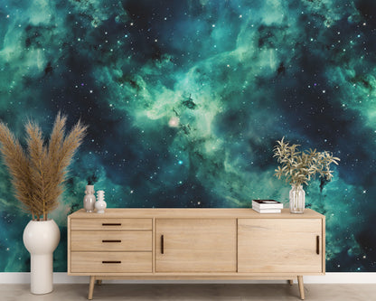 Removable Wallpaper, Green and Blue Beautiful Galaxy Design - Peel & Stick, Reusable, Self Adhesive, 26" Panels, Easy Install, Seamless