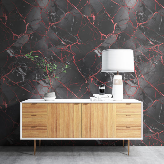 Removable Wallpaper, Black and Red Marble - Peel & Stick, Reusable, Self Adhesive, 26" Panels, Easy Install, Seamless