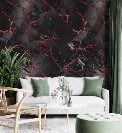 Removable Wallpaper, Black and Red Marble - Peel & Stick, Reusable, Self Adhesive, 26" Panels, Easy Install, Seamless