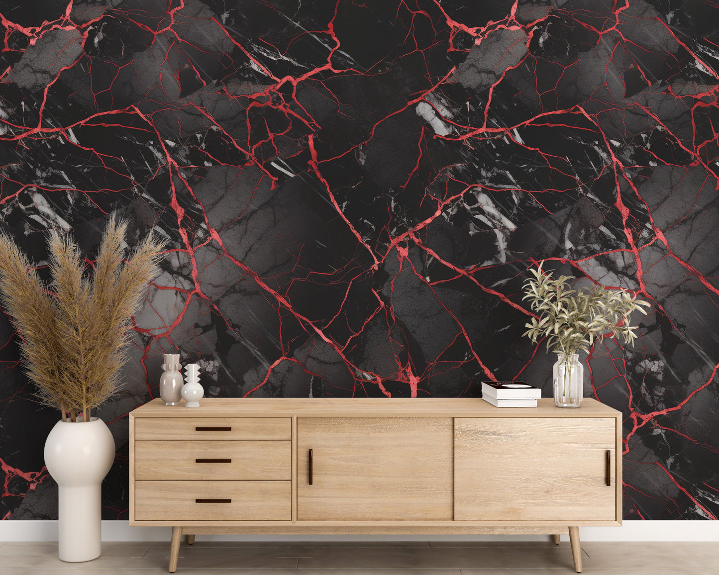 Removable Wallpaper, Black and Red Marble - Peel & Stick, Reusable, Self Adhesive, 26" Panels, Easy Install, Seamless