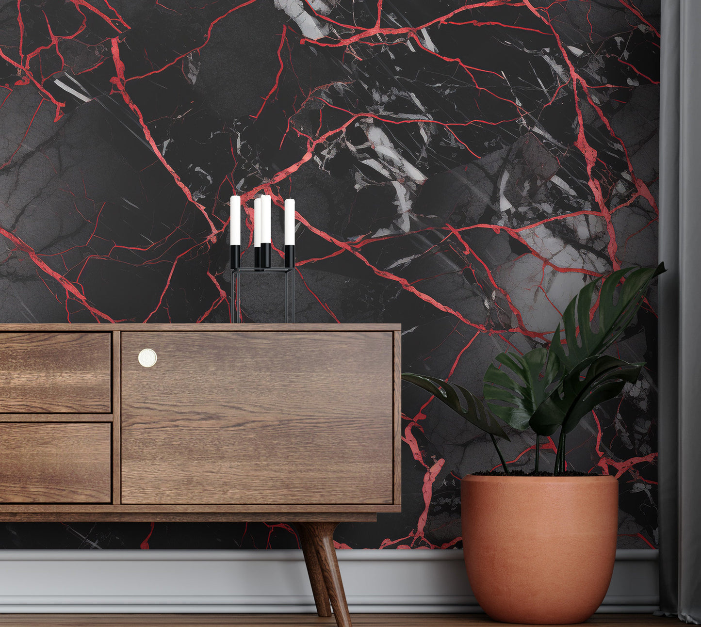 Removable Wallpaper, Black and Red Marble - Peel & Stick, Reusable, Self Adhesive, 26" Panels, Easy Install, Seamless