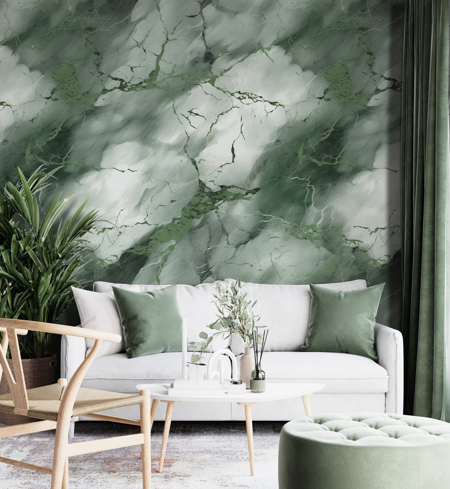 Removable Wallpaper, Dark Green and White Marble - Peel & Stick, Reusable, Self Adhesive, 26" Panels, Easy Install, Seamless