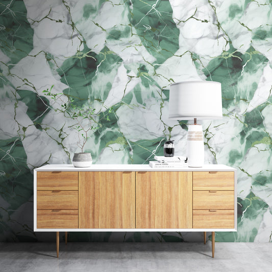 Removable Wallpaper, White and Green Beautiful Marble Design - Peel & Stick, Reusable, Self Adhesive, 26" Panels, Easy Install, Seamless