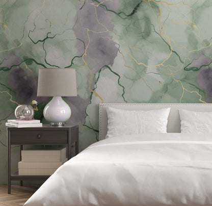 Removable Wallpaper, Green and Gray Marble - Peel & Stick, Reusable, Self Adhesive, 26" Panels, Easy Install, Seamless