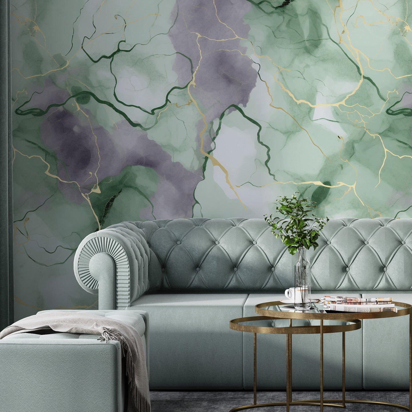 Removable Wallpaper, Green and Gray Marble - Peel & Stick, Reusable, Self Adhesive, 26" Panels, Easy Install, Seamless