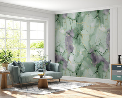 Removable Wallpaper, Green and Gray Marble - Peel & Stick, Reusable, Self Adhesive, 26" Panels, Easy Install, Seamless