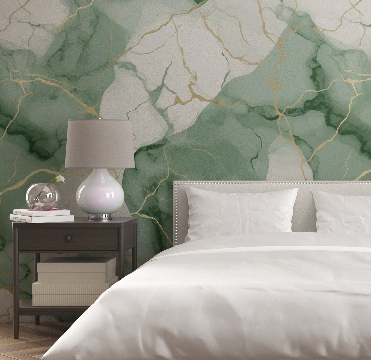 Removable Wallpaper, Green and Gold Marble - Peel & Stick, Reusable, Self Adhesive, 26" Panels, Easy Install, Seamless