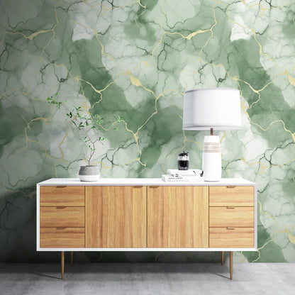 Removable Wallpaper, Green, White and Gold Marble - Peel & Stick, Reusable, Self Adhesive, 26" Panels, Easy Install, Seamless