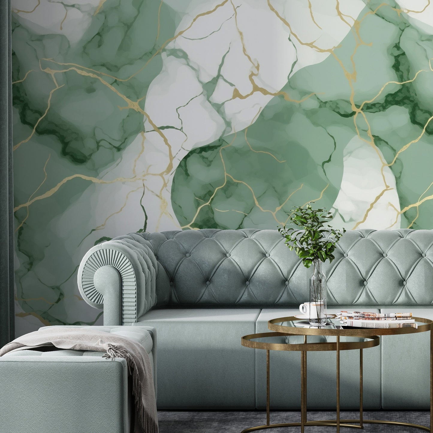 Removable Wallpaper, Green and Gold Marble - Peel & Stick, Reusable, Self Adhesive, 26" Panels, Easy Install, Seamless