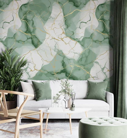 Removable Wallpaper, Green and Gold Marble - Peel & Stick, Reusable, Self Adhesive, 26" Panels, Easy Install, Seamless