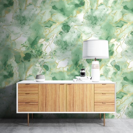 Removable Wallpaper, Beautiful Green and Gold Marble - Peel & Stick, Reusable, Self Adhesive, 26" Panels, Easy Install, Seamless