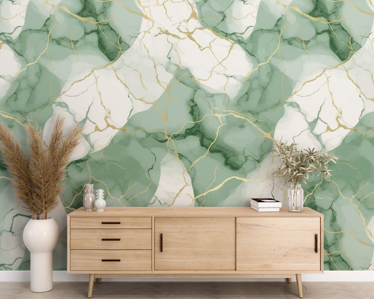 Removable Wallpaper, Green and Gold Marble - Peel & Stick, Reusable, Self Adhesive, 26" Panels, Easy Install, Seamless