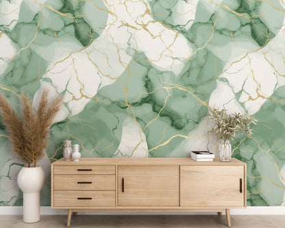 Removable Wallpaper, Green and Gold Marble - Peel & Stick, Reusable, Self Adhesive, 26" Panels, Easy Install, Seamless