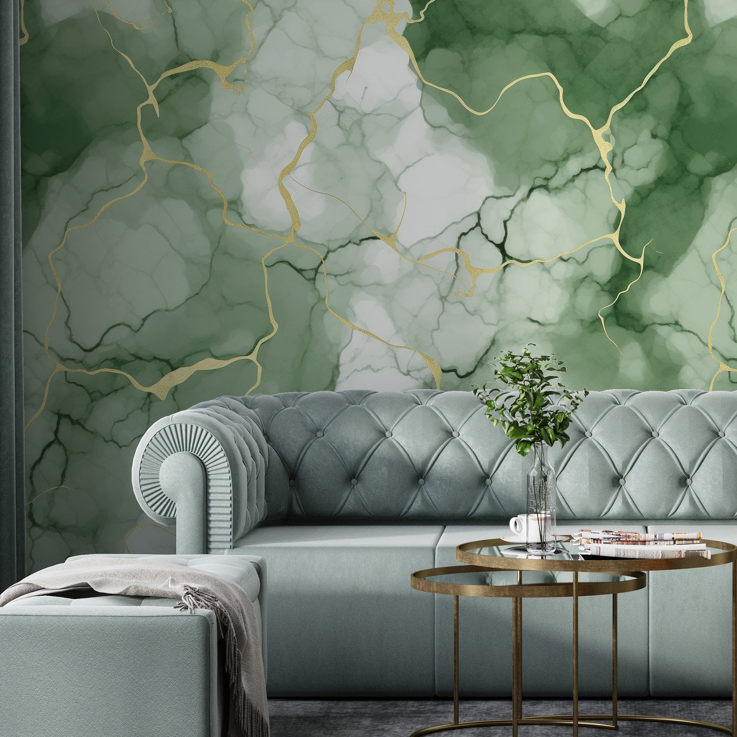 Removable Wallpaper, Green, White and Gold Marble - Peel & Stick, Reusable, Self Adhesive, 26" Panels, Easy Install, Seamless