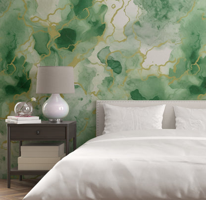 Removable Wallpaper, Beautiful Green and Gold Marble - Peel & Stick, Reusable, Self Adhesive, 26" Panels, Easy Install, Seamless