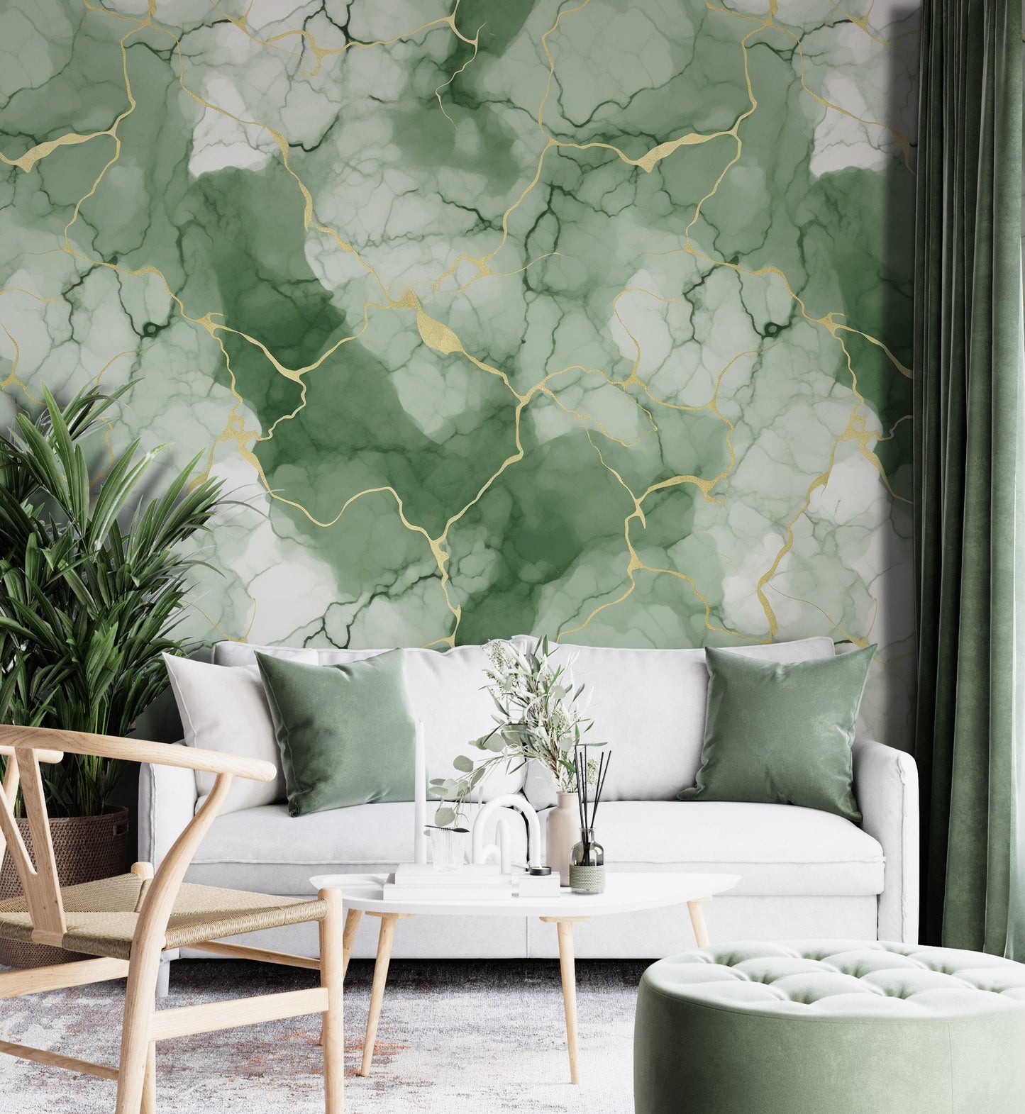 Removable Wallpaper, Green, White and Gold Marble - Peel & Stick, Reusable, Self Adhesive, 26" Panels, Easy Install, Seamless