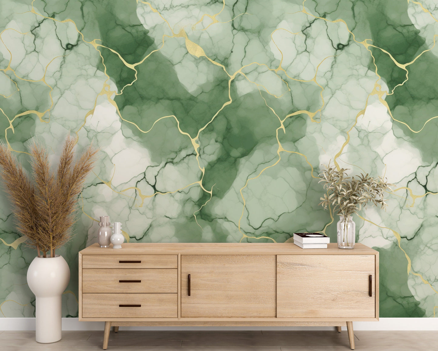 Removable Wallpaper, Green, White and Gold Marble - Peel & Stick, Reusable, Self Adhesive, 26" Panels, Easy Install, Seamless