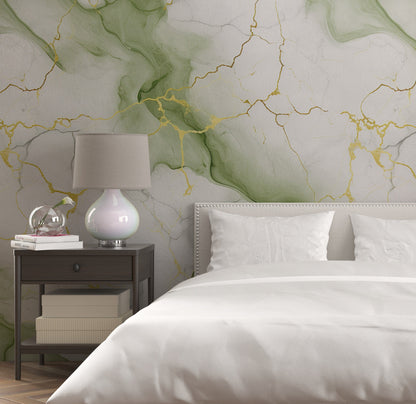 Removable Wallpaper, White, Green and Gold Marble - Peel & Stick, Reusable, Self Adhesive, 26" Panels, Easy Install, Seamless